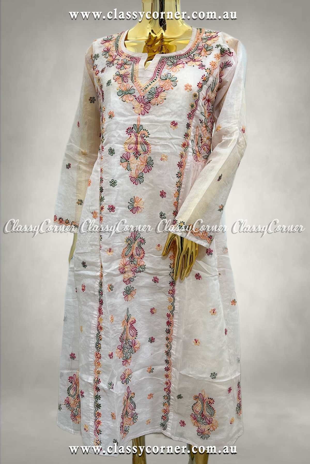 White Multicolour Hand Embroidered Dress - Classy Corner