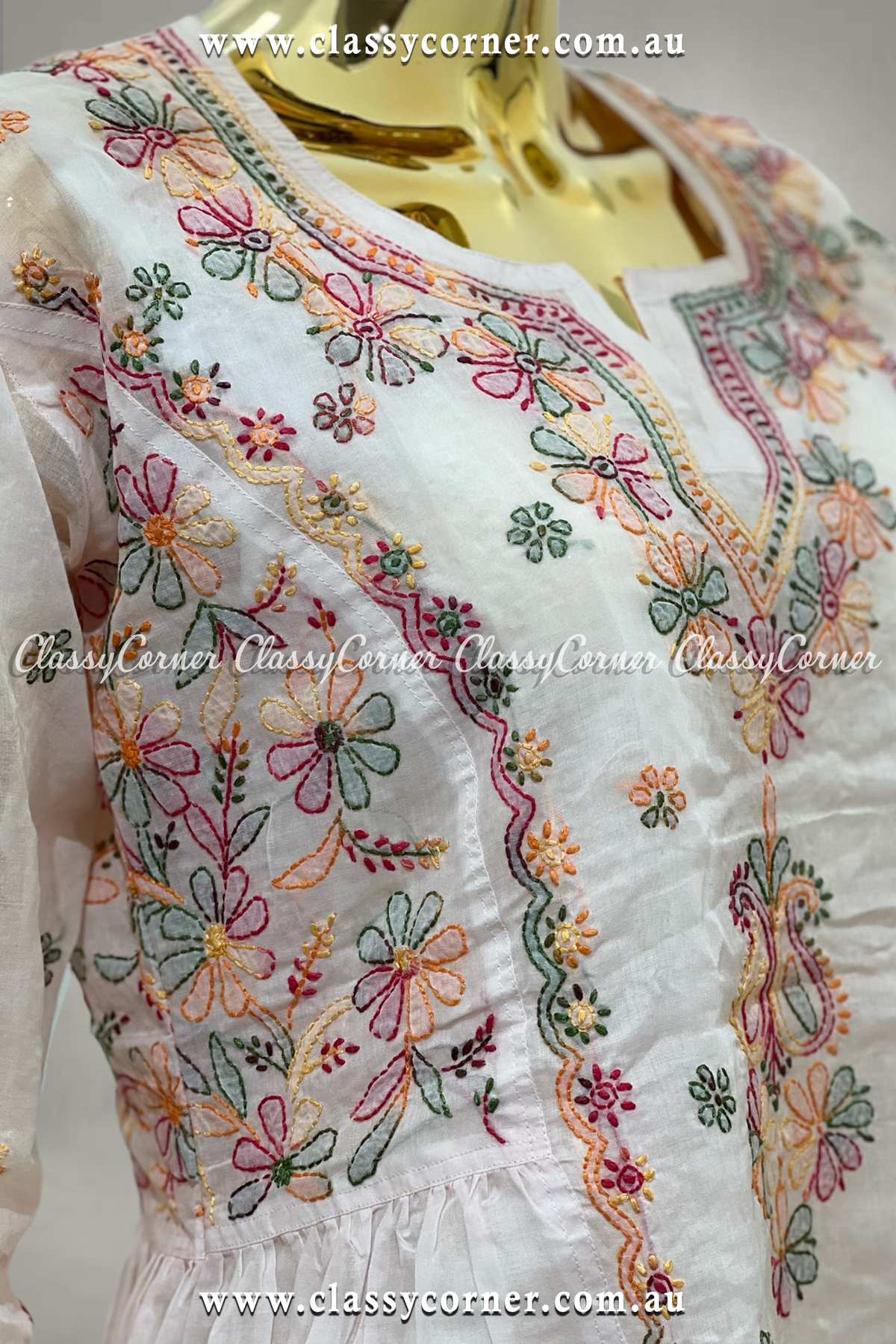 White Multicolour Hand Embroidered Dress - Classy Corner