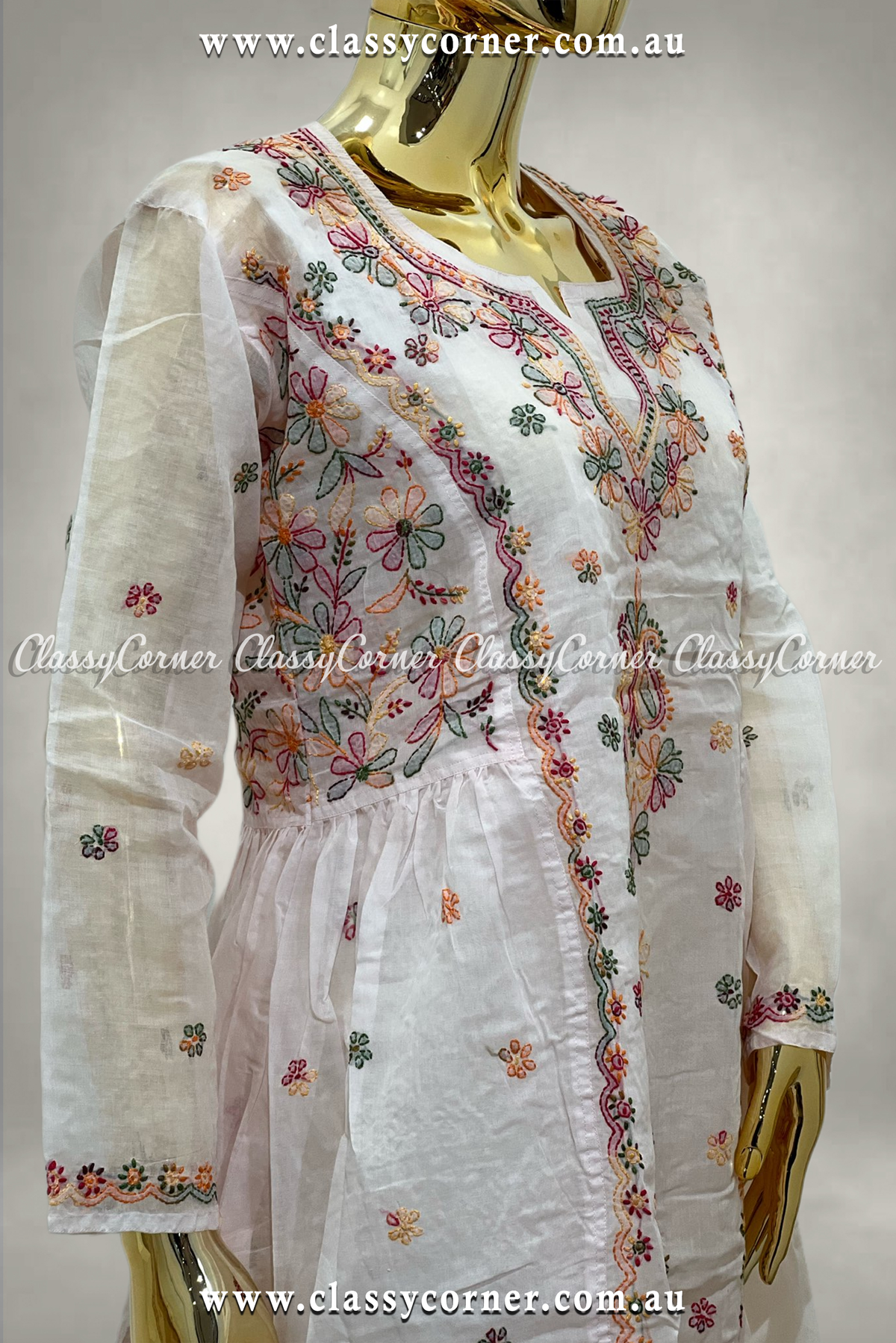 White Multicolour Hand Embroidered Dress - Classy Corner