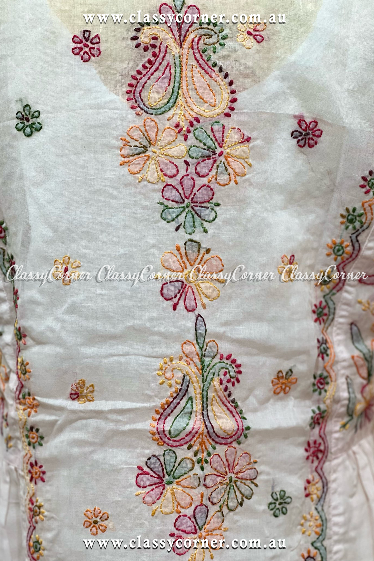 White Multicolour Hand Embroidered Dress - Classy Corner