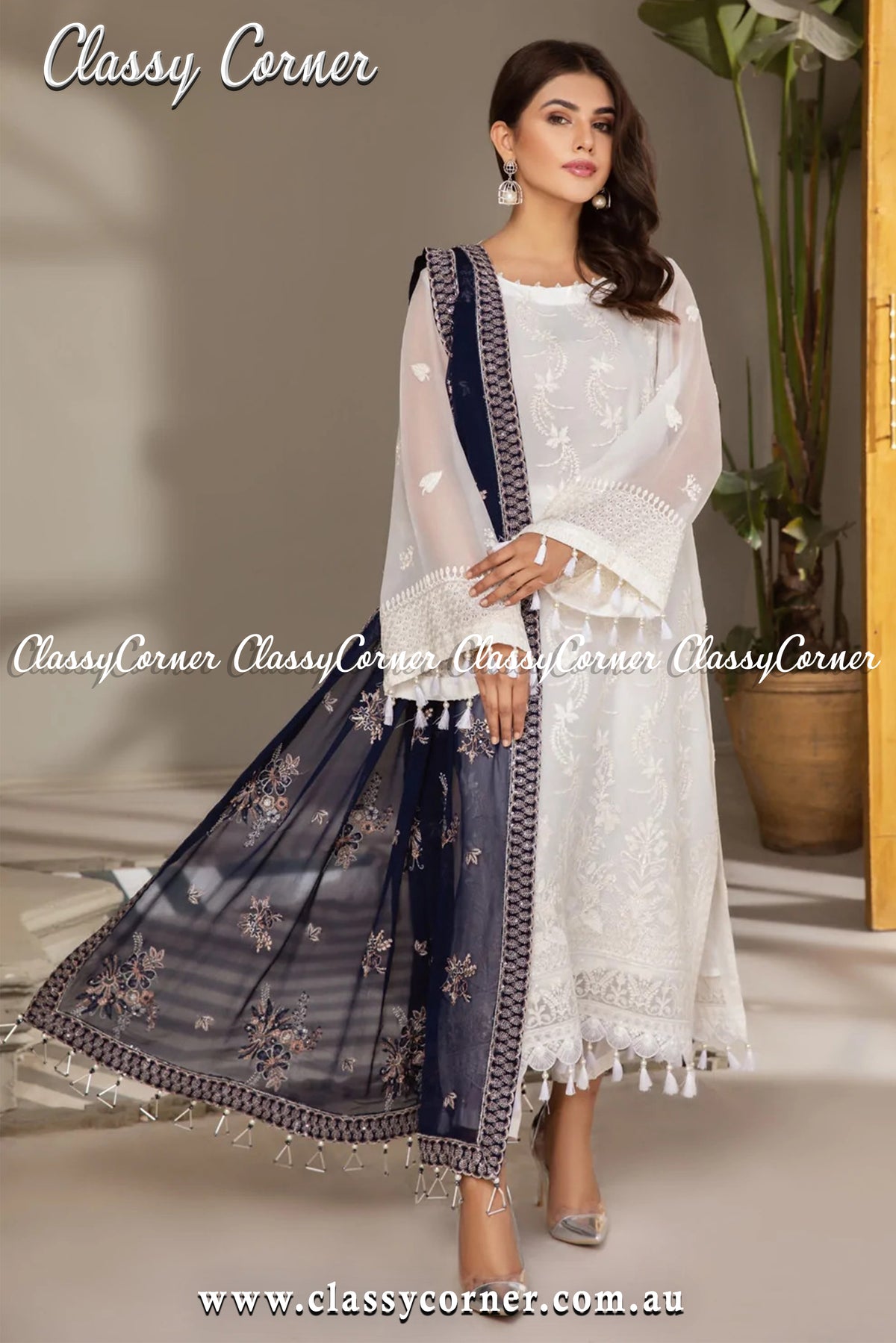 White Navy Blue Chiffon Embroidered Maxi Suit Outfits - Classy Corner