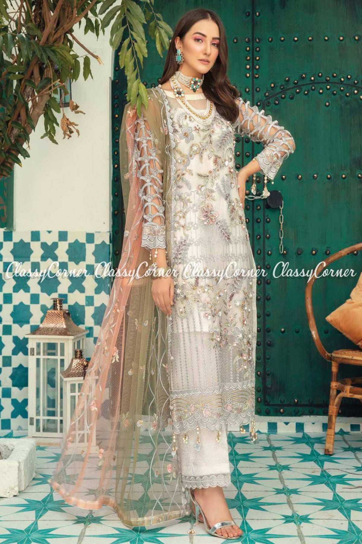 White Peach Organza Pakistani Salwar Kameez