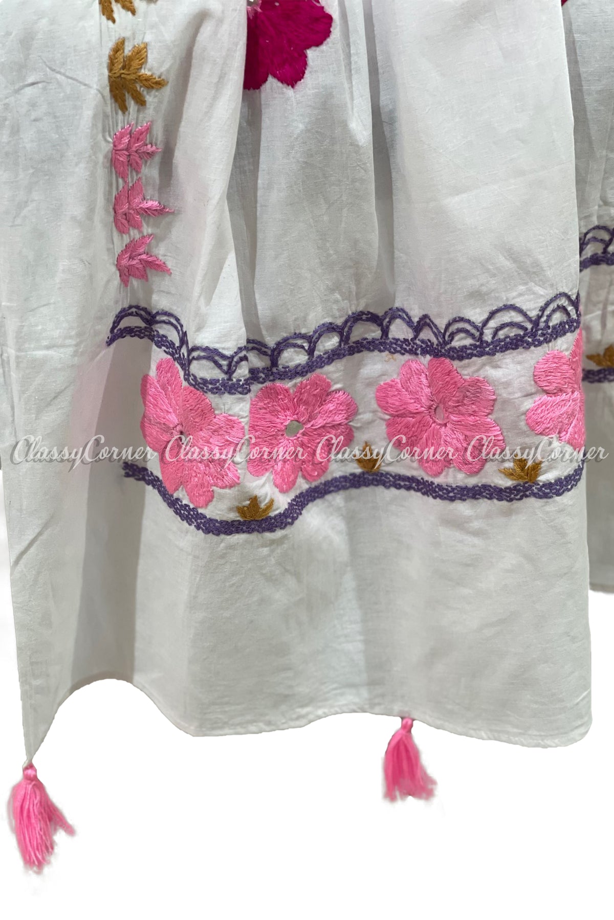 White Pink Hand Embroidered Cotton Salwar Kameez Set - Classy Corner