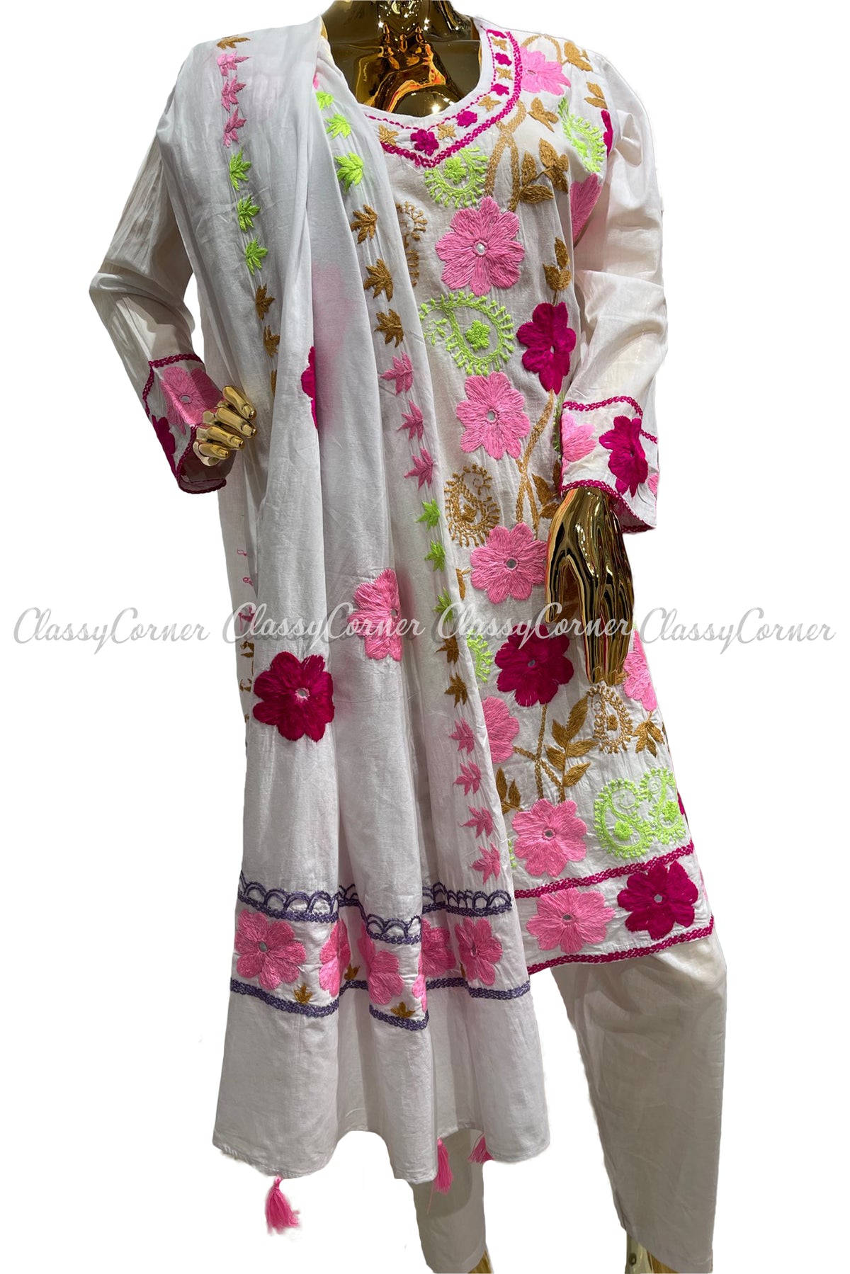 White Pink Hand Embroidered Cotton Salwar Kameez Set - Classy Corner