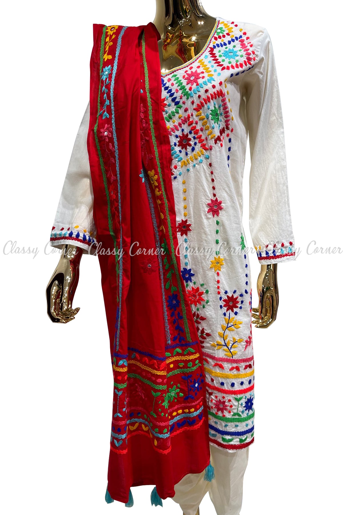 White Red Hand Embroidered Cotton Salwar Kameez Set - Classy Corner