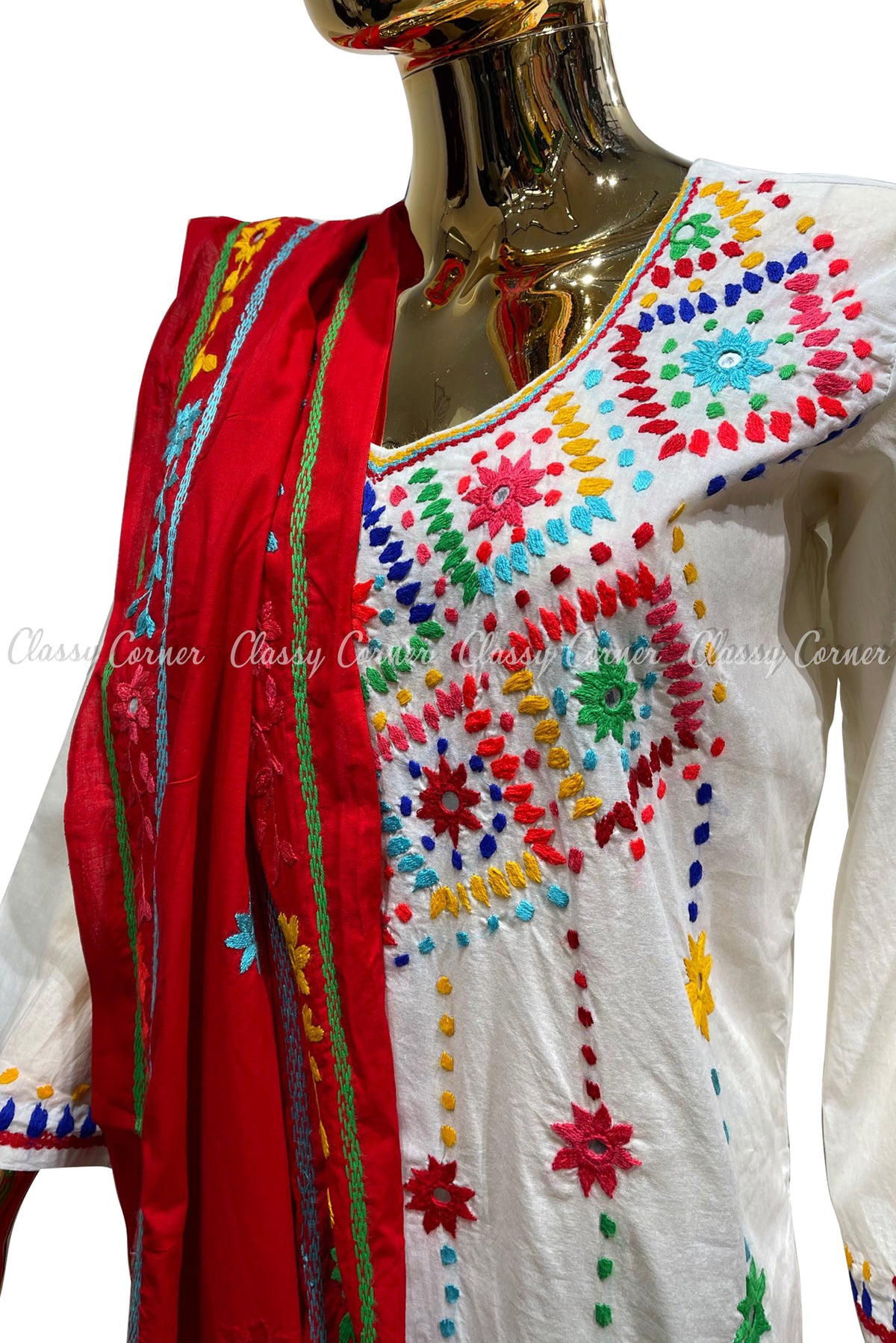 White Red Hand Embroidered Cotton Salwar Kameez Set - Classy Corner