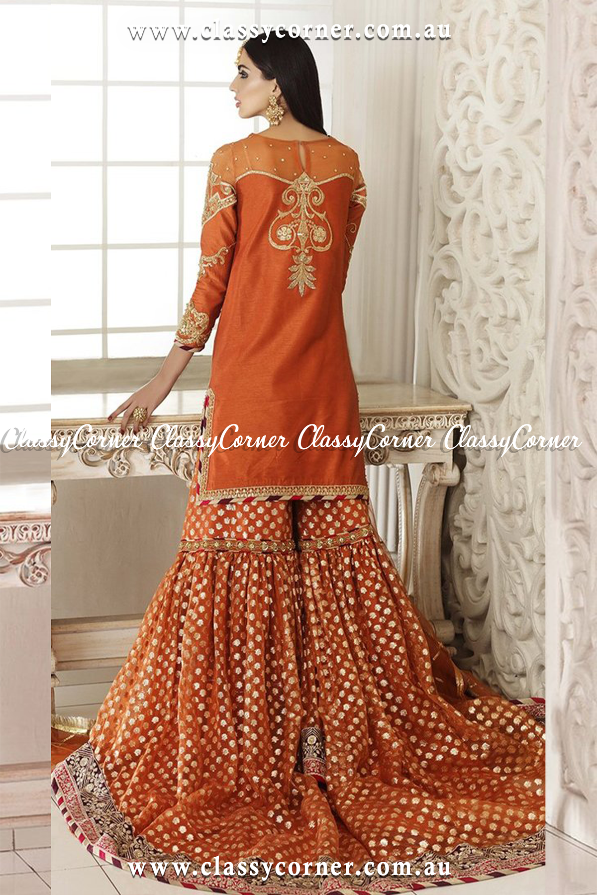 Orange Golden Gharara Dupatta - Classy Corner