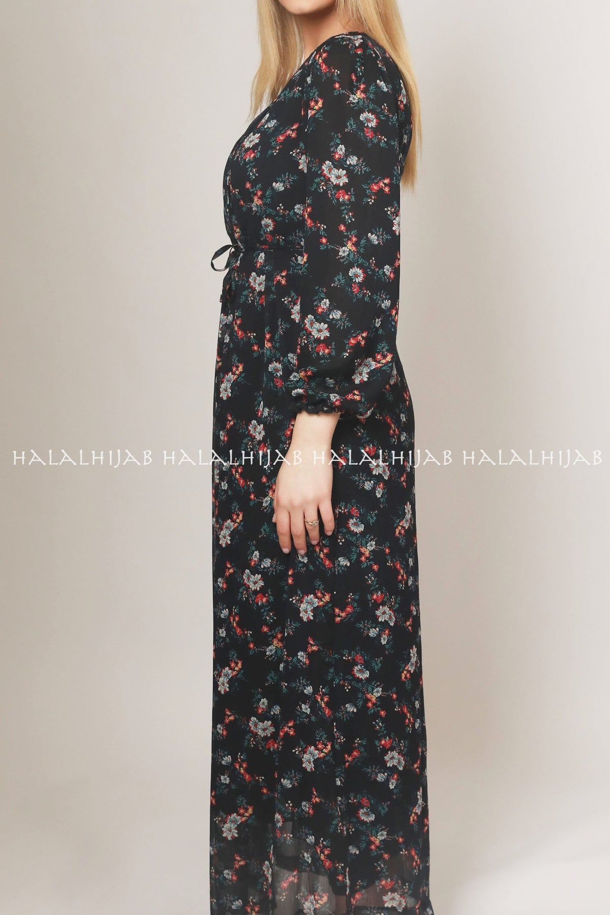 Black Red Floral Full Sleeve Long Dress - Classy Corner