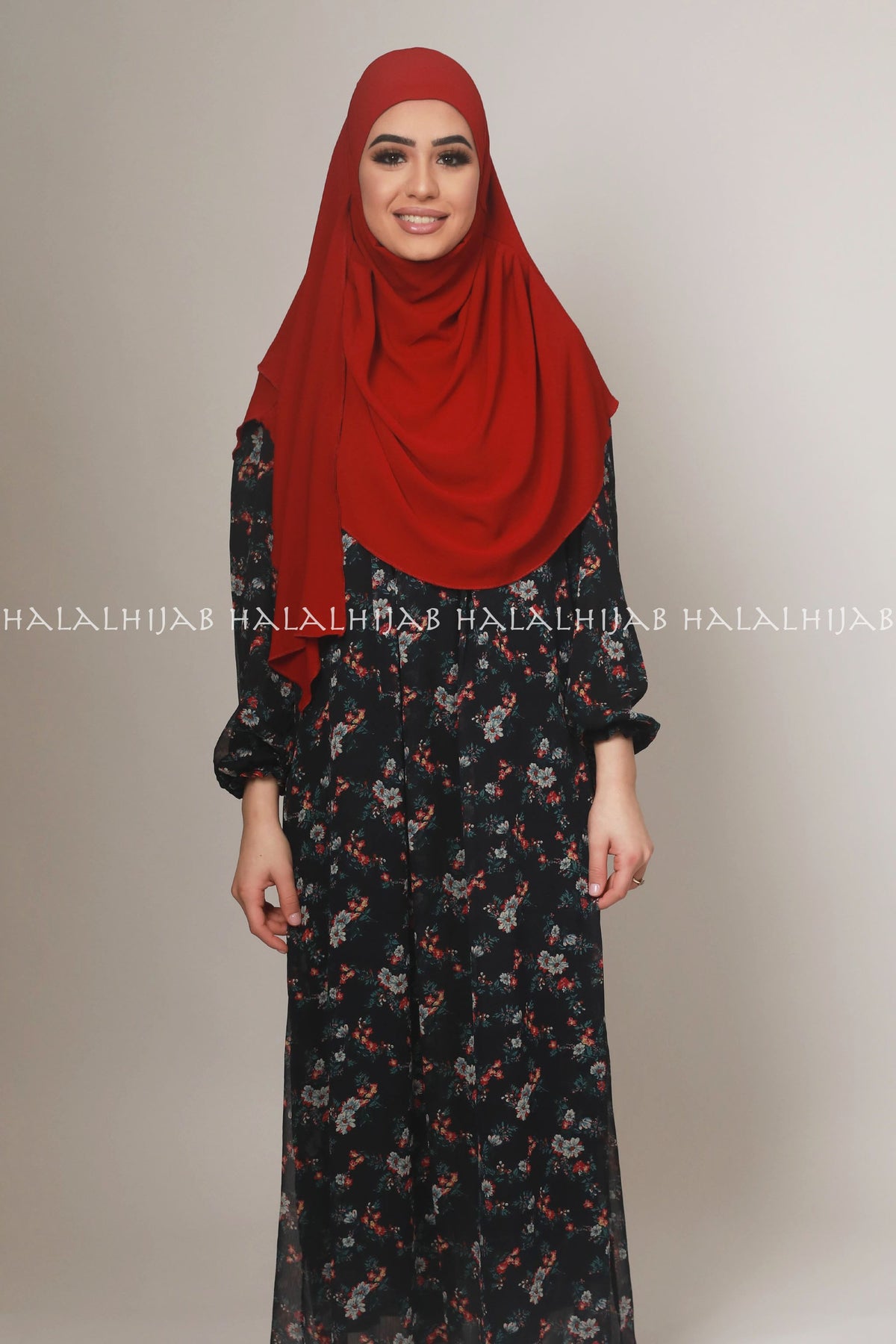 Black Red Floral Full Sleeve Long Dress - Classy Corner