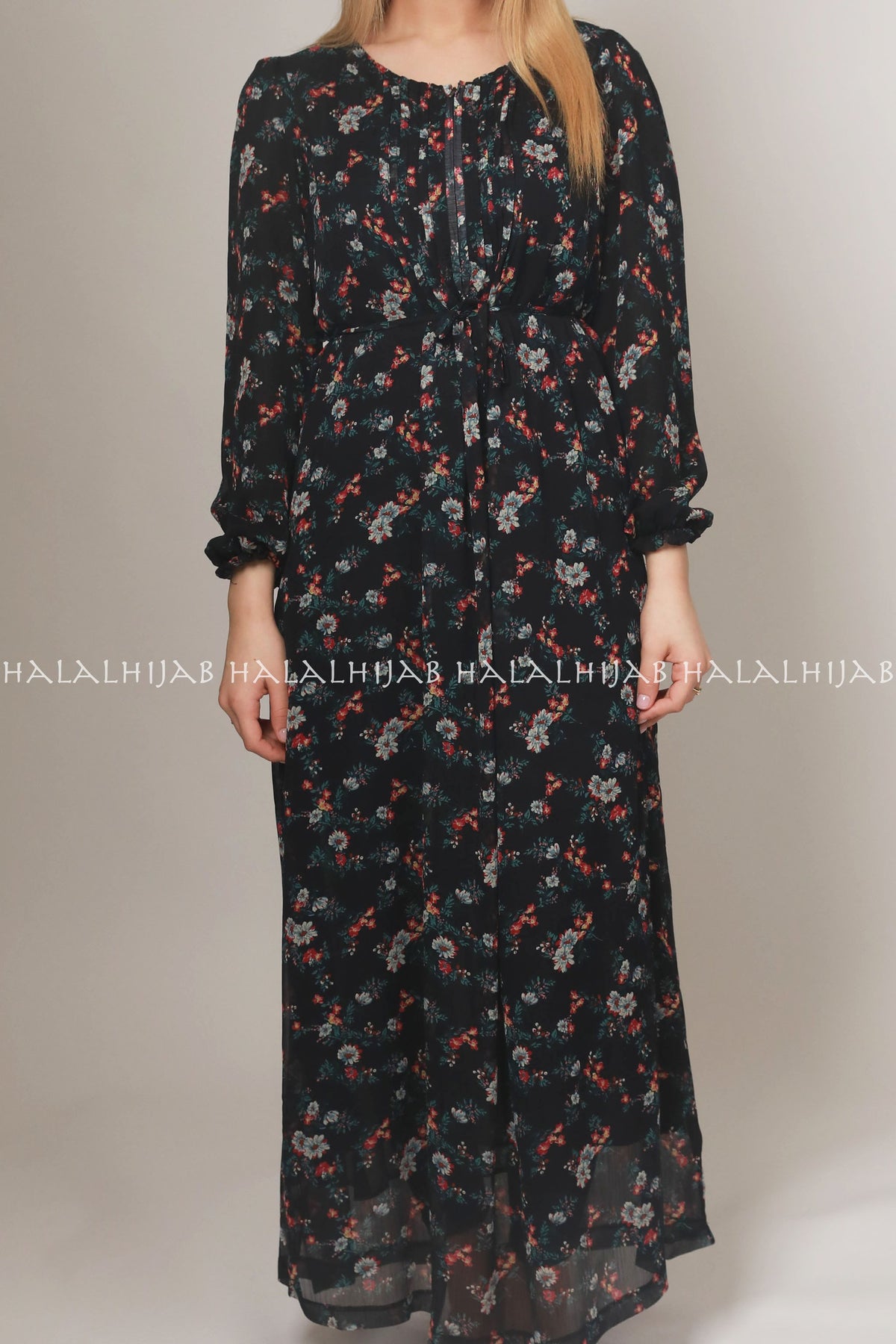 Black Red Floral Full Sleeve Long Dress - Classy Corner