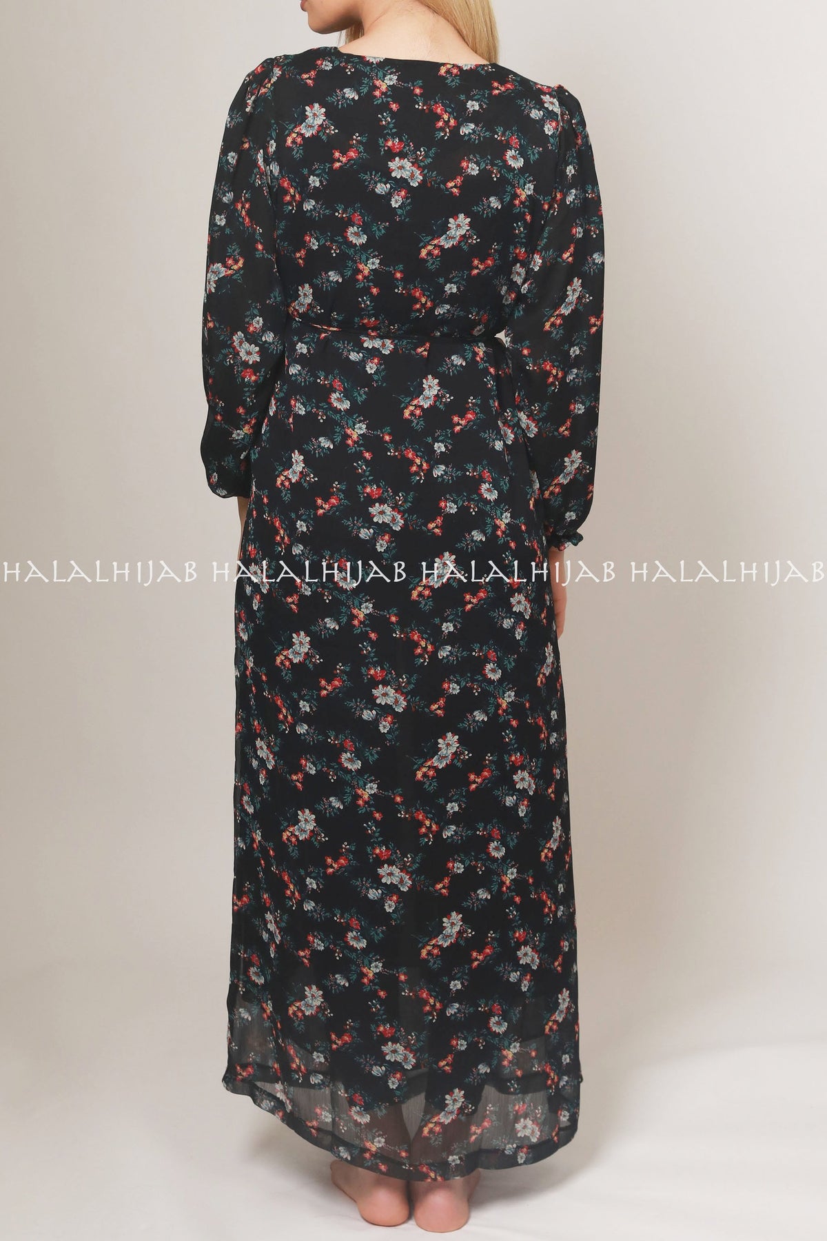 Black Red Floral Full Sleeve Long Dress - Classy Corner