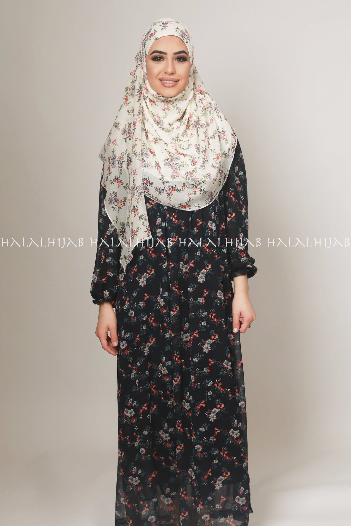 Black Red Floral Full Sleeve Long Dress - Classy Corner