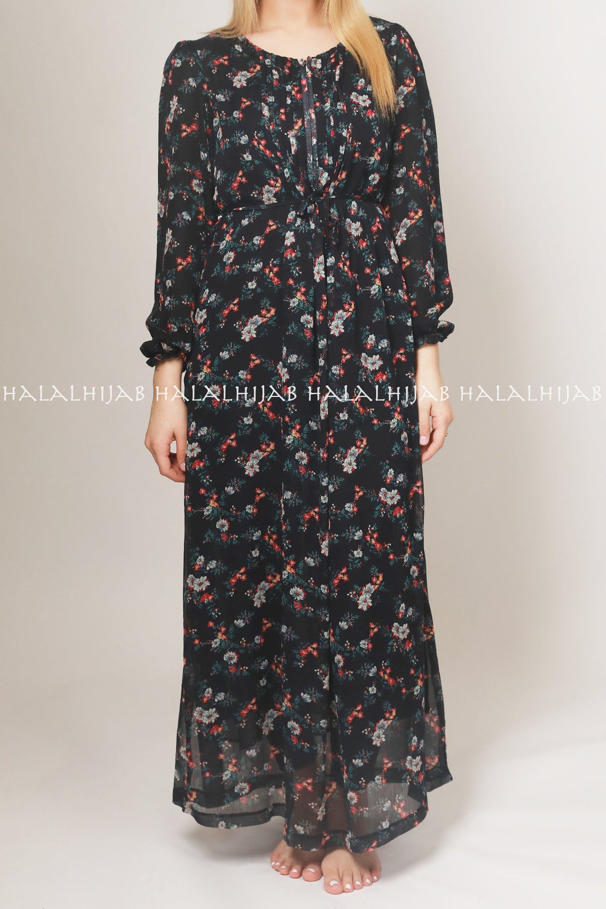 Black Red Floral Full Sleeve Long Dress - Classy Corner