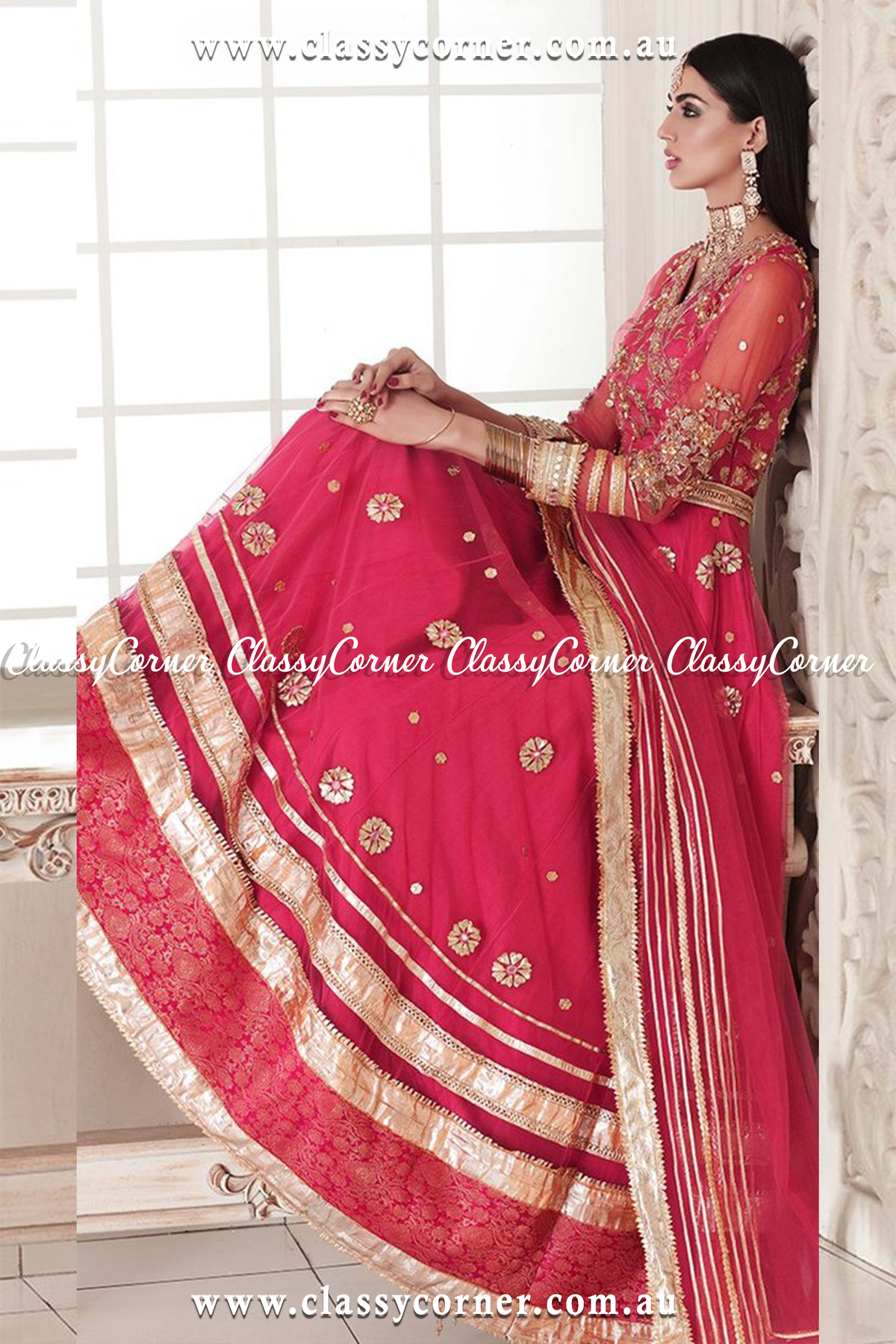 Fuschia Pink Golden Peshwas Dupatta - Classy Corner